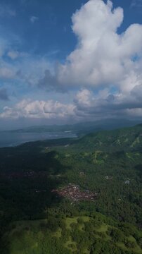 Aerial drone footage of a fresh luxuriant rice field nearby a local village, with the blue sea in the background, in sunny weather, in Gianyar regency, Bali island, Indonesia
