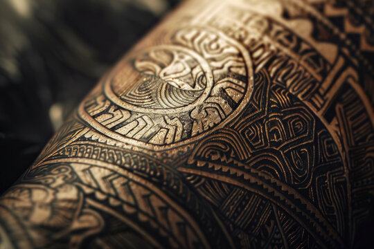 Close-up of an intricate tribal tattoo with detailed geometric and symbolic patterns on skin, showcasing traditional body art craftsmanship.