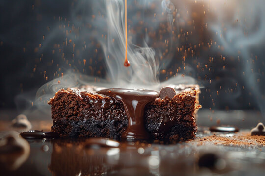 A rich, moist chocolate brownie split open with warm chocolate sauce drizzling over it, surrounded by steam and chocolate bits.