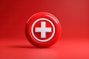 Obraz premium Bright red circular icon with white cross design against a solid red background, featuring a modern minimalist aesthetic that emphasizes the symbol's contrast and visual appeal