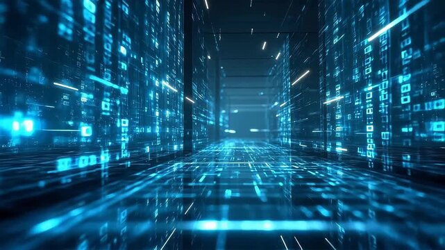 Futuristic digital corridor with glowing data