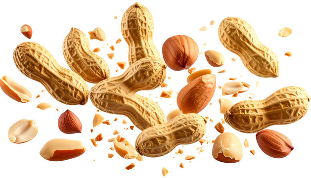 Realistic shot of shelled and unshelled groundnuts and shelled hazelnuts, with a black background