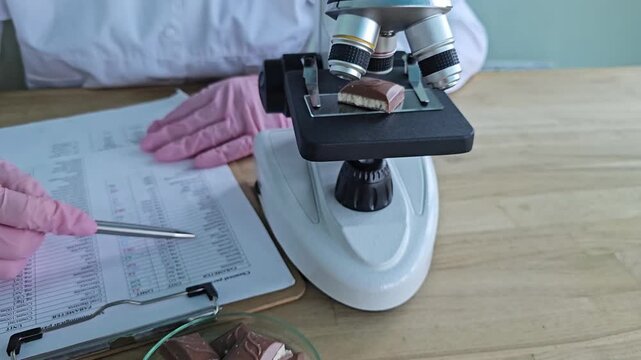 Testing chocolate quality in a lab setting with tools and documents present