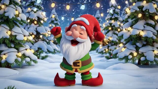 Joyful cartoon gnome character dancing in snowy forest with Christmas lights