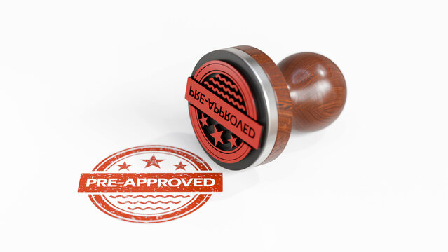 Red Pre-Approved rubber stamp on paper. Concepts of waiting approval or validation in finance and mortgage loan agreement. Yet to be confirmed or verified. 3D illustration isolated.