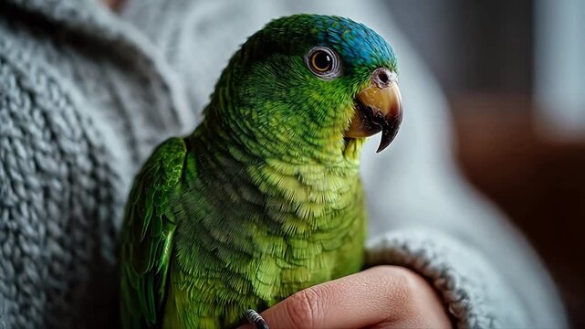 Closeup of a green parrot on a hand