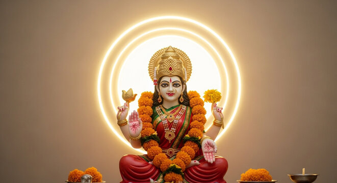 Gangaur Goddess Gauri Idol with Glowing Aura and Marigold Garlands