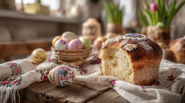 Traditional ukrainian easter bread paska with icing and decorative flowers on rustic wooden table with embroidered towel and painted pysanka eggs. Concept of orthodox easter celebration atmosphere