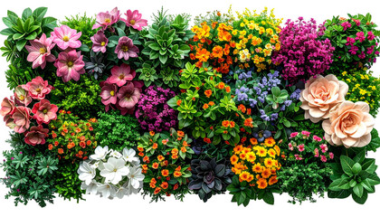 A vibrant top-down view of a colorful garden bed filled with diverse flowers and foliage