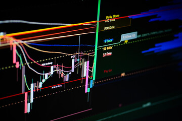 Financial data analysis displaying real-time cryptocurrency trading charts with candlesticks. Trend...