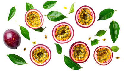 Overhead shot of passion fruit halves, whole fruit, and leaves scattered on black