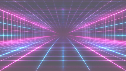 ピンクと紫のネオンが輝くレトロなグリッド背景