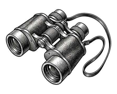 Vintage style engraving of classic binoculars on a, transparent background