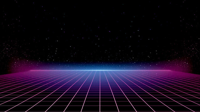 紫色のグリッド地平線が広がるシンセウェーブ風背景