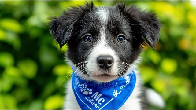 Black and white puppy with blue bandana