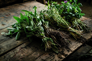 Freshly harvested bundles of herbs with roots intact lie on a rustic wooden table, showcasing greenery and natural textures in a cozy, earthy setting.