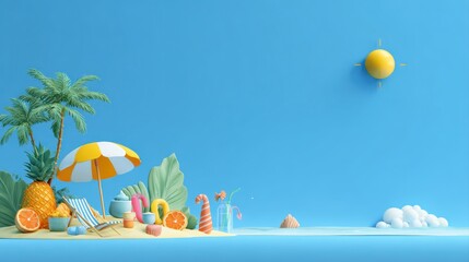 Summer Sale Poster or Banner template featuring a tropical beach scene with sun and party elements.Product display,Tropical summer scene, Perfect for promoting your summer products on blue background
