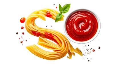 A pasta "S" with sauce and garnishes, including basil and tomatoes