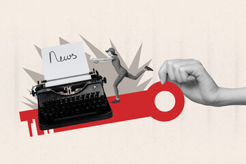 Template collage design trend 3D sketch of hand hold key young woman delivery service run...