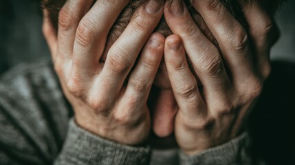 Stress, anxiety and hands of nervous person with worry, fear or abuse in closeup, home or danger. Depression, lonely and scared victim with phobia, mistake or emotional crisis with gesture or trauma