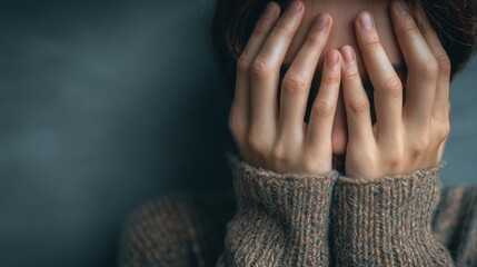 Stress, anxiety and hands of nervous person with worry, fear or abuse in closeup, home or danger. Depression, lonely and scared victim with phobia, mistake or emotional crisis with gesture or trauma