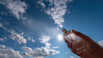 Spraying perfume against the sky.