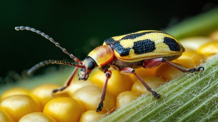 Southern Corn Rootworm beetle eating kernels on ear of corn. Agriculture pest control, insect damage and farming insecticide concept.