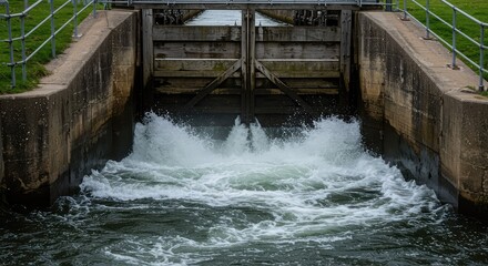Fast-flowing industrial runoff water churning intensely below a wooden sluice gate at a processing facility, showing intense turbulent flow ,swift ,power ,structure
