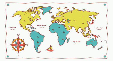 Colorful kids cartoon world map vector, simplified global geography design with animals and landmarks. © bemeve