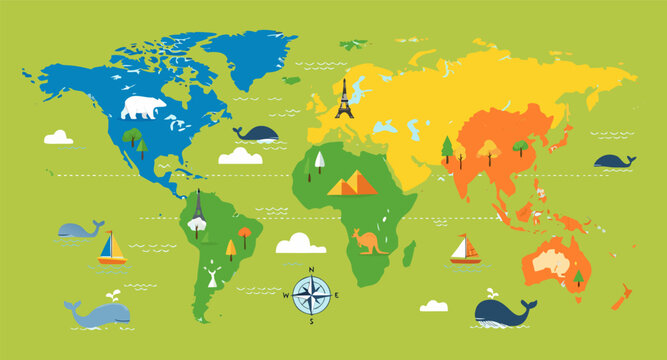 Colorful kids cartoon world map vector, simplified global geography design with animals and landmarks.