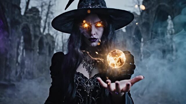 Mysterious witch casting spell with glowing eyes and energy sparks in misty forest