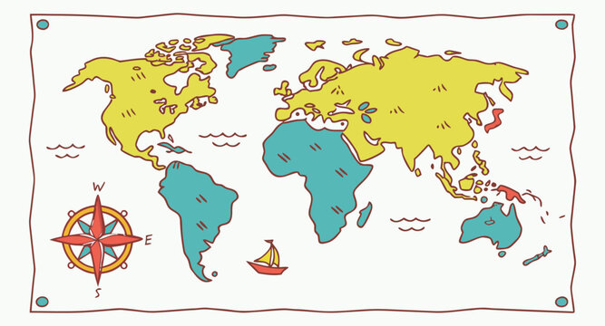 Colorful kids cartoon world map vector, simplified global geography design with animals and landmarks.