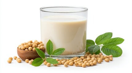 Soy milk with soybeans isolated on white background.