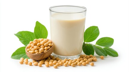 Soy milk with soybeans isolated on white background.
