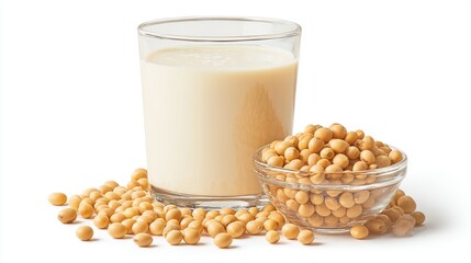 Soy milk with soybeans isolated on white background.