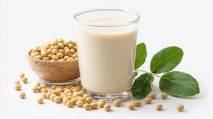 Soy milk with soybeans isolated on white background.