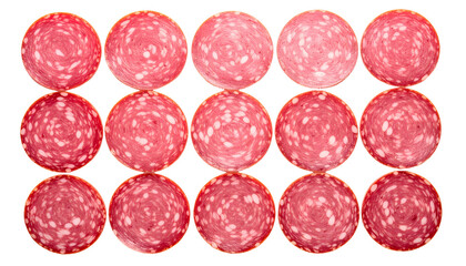 Fifteen circular slices of cured meat, arranged in a grid, isolated on a black background