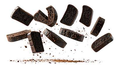 Slices of dark bread levitating against a stark black background, with crumbs