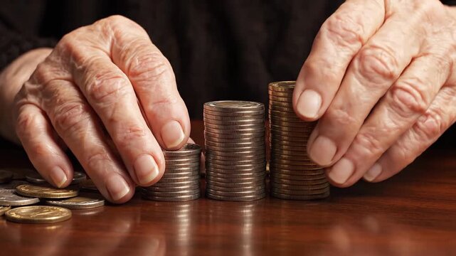 financial planning debt tools concept. Elderly hands stacking coins on a wooden table, symbolizing saving and finance.