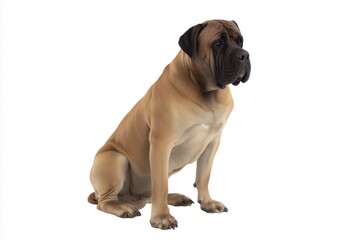 Obraz premium Boerboel sitting on a plain background looking forward with its ears raised and eyes alert at a studio setting