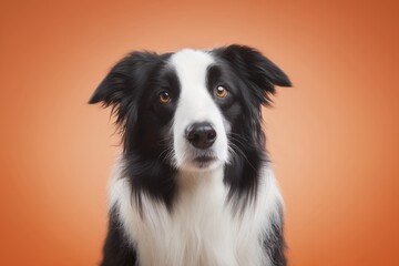Fototapeta premium Border collie sits in front of orange background and looks directly at the camera while showing interest and awareness in the setting