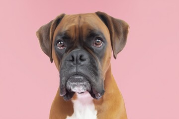 Fototapeta premium Boxer dog sits quietly in front of a pink background looking straight at the camera with focused eyes and relaxed ears
