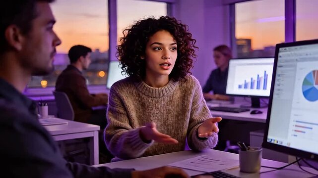 Office workers collaborating on data analysis