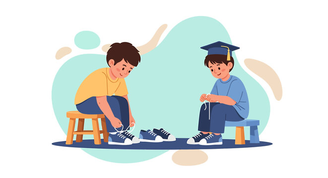 Two young boys learning to tie their shoelaces together.