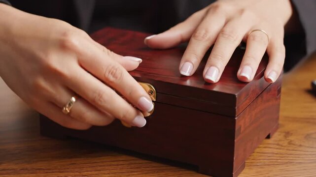 financial planning debt tools concept. Hand opening wooden box filled with tarot cards on wooden table.