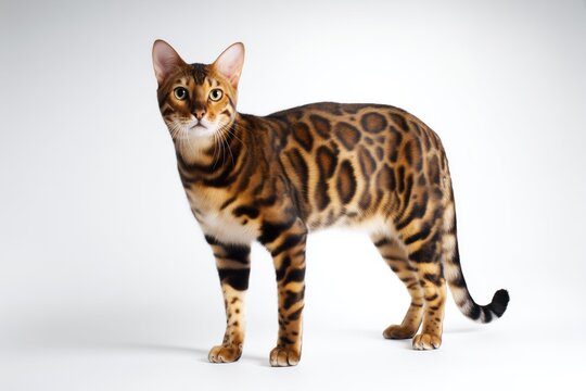Bengal Cheetoh cat striking a pose in a bright studio, showcasing its vivid coat and playful demeanor during a sunny afternoon