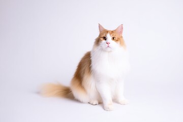 Obraz premium Fluffy Cymric cat sits elegantly on a soft white background, gazing curiously into the distance, showcasing its striking fur and mesmerizing eyes