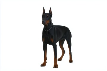 Obraz premium Doberman standing on a white background with an alert expression and a chain collar during a studio session in early morning