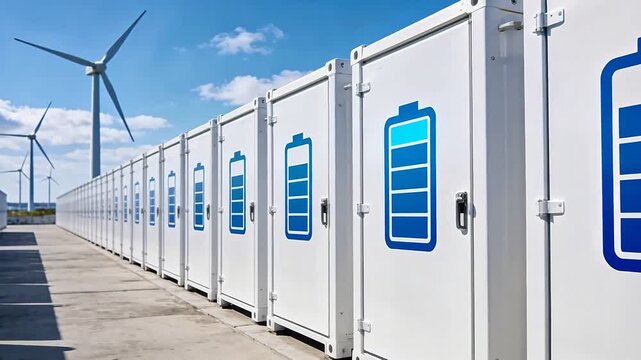 Row of energy storage units with wind turbines in the background under a clear blue sky
