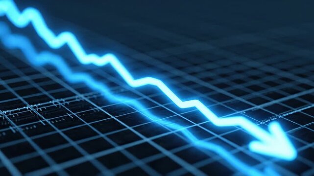 financial planning debt tools concept. Blue neon arrow trending downward on a digital grid background.